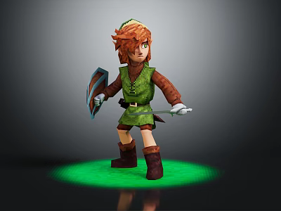 Elf Warrior Character With Green Outfit Brown Hair Shield Sword And Green Glow 3d model