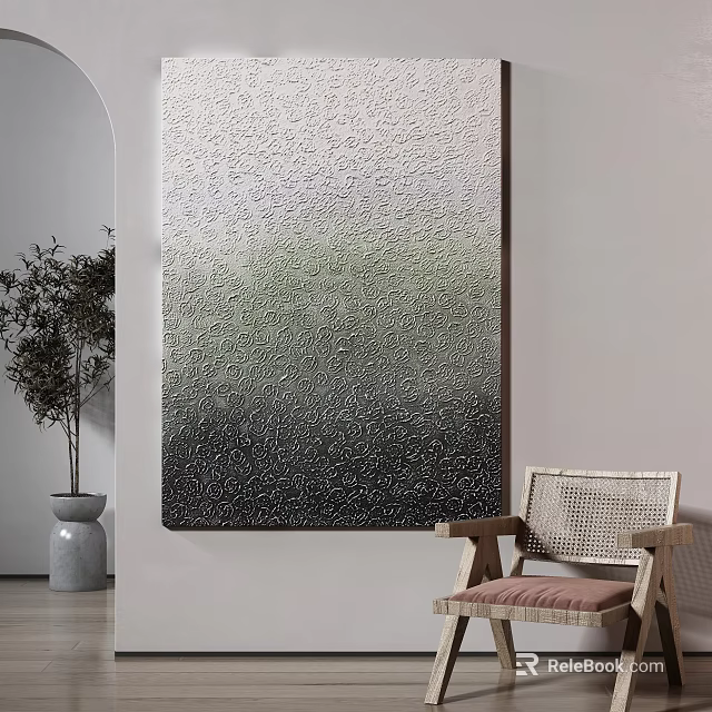 Large Textured Abstract Painting In Minimalist Interior With Chair And Plant 3d model 