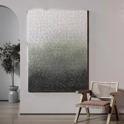 Large Textured Abstract Painting In Minimalist Interior With Chair And Plant 3d model
