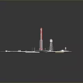 Detailed Red Rocket Launch Site Featuring Tower And Surrounding Ground Facilities 3d model