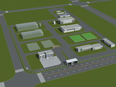 Modern Industrial Factory Complex Layout With Buildings Roads And Green Areas 3d model