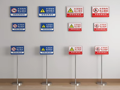 Different Colored Traffic Signs Display Various Prohibition Symbols On Wall And Floor With Metal Stands 3d model