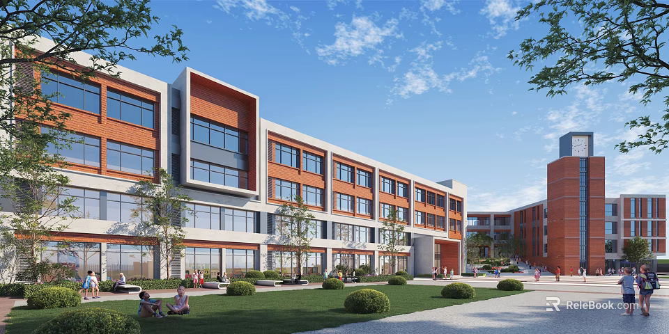 Modern School Building With Red Brick White Exterior Large Windows Lawn Shrubs And Trees 3d model 