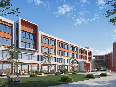Modern School Building With Red Brick White Exterior Large Windows Lawn Shrubs And Trees 3d model