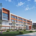 Modern School Building With Red Brick White Exterior Large Windows Lawn Shrubs And Trees