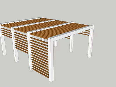 Garden Landscape Design Featuring Wooden Slats And White Frame Pergola Structure 3d model