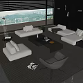 Modern Living Room Sofa Coffee Table Set With Floor to Ceiling Window and Grey Rug