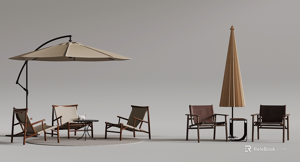 Stylish Outdoor Umbrella With Wooden Chairs And Coffee Table In Patio Area 3d model 