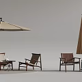 Stylish Outdoor Umbrella With Wooden Chairs And Coffee Table In Patio Area