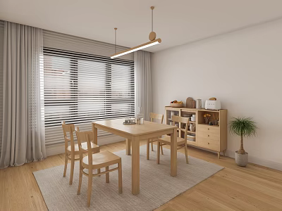 Modern Living Room Interior Design With Wooden Dining Table Chairs Gray Curtains And Pendant Light 3d model