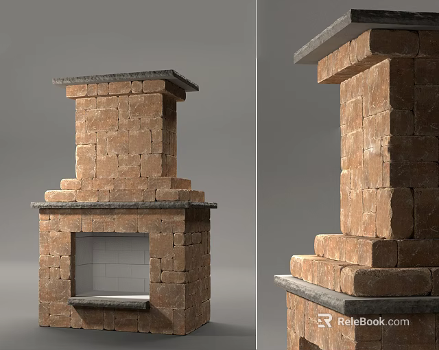 Rustic Brick Fireplace With Stone Built Structure And Slate Gray Top Design 3d model