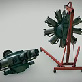 Two Radial Engines Mounted On Red Mobile Stand With Metal Structure