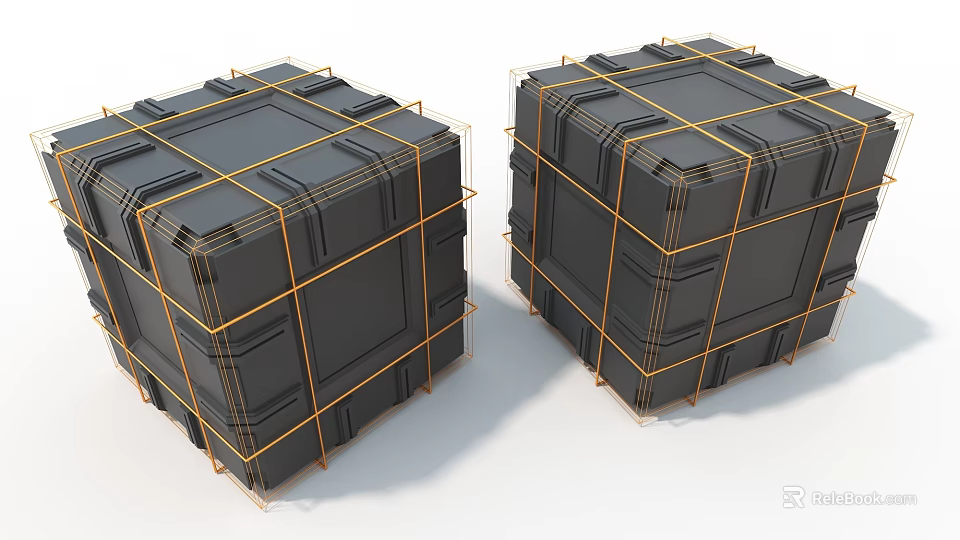 Modern Art Installation With Two Black Cube Structures And Golden Line Frames 3d model 