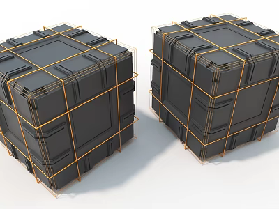 Modern Art Installation With Two Black Cube Structures And Golden Line Frames 3d model