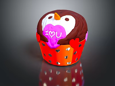 Owl Shaped Cupcake With Pink Heart I Love U And Red Wrapper Decorations 3d model