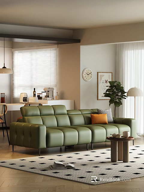 Modern Dining and Living Room Interior with Green Sofa Orange Cushion and Decorative Plant 3d model 