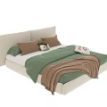 Cozy Double Bed With Beige Upholstered Headboard Green Sheet Brown Beige Pillows And Blanket
