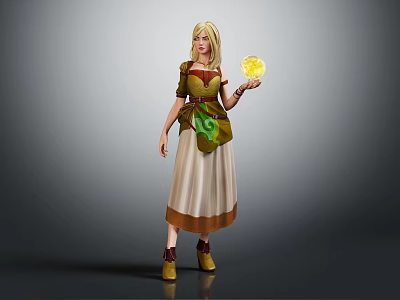 Blonde Sorceress In Green Beige Outfit Holding Yellow Glowing Sphere With Magical Spirit 3d model