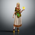 Blonde Sorceress In Green Beige Outfit Holding Yellow Glowing Sphere With Magical Spirit
