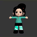 Cute Child Doll With Black Hair Ponytail Red Hairband Turquoise Hoodie Black Skirt