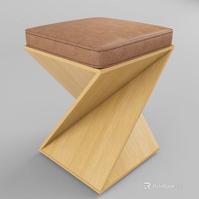 Z Shaped Wooden Sofa Stool With Brown Padded Seat And Modern Design 3d model 