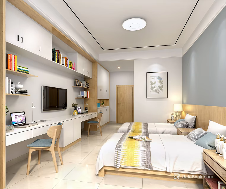 Bright Modern Apartment Room with Two Beds Desk Computer Bookshelf Books and Wall Painting Cabinets 3d model 