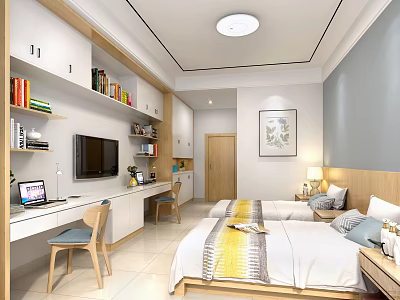 Bright Modern Apartment Room with Two Beds Desk Computer Bookshelf Books and Wall Painting Cabinets 3d model