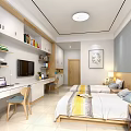 Bright Modern Apartment Room with Two Beds Desk Computer Bookshelf Books and Wall Painting Cabinets