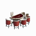 Red Round Table And Six Chairs Set With Red Backrest Seat Cushions And Silver Legs