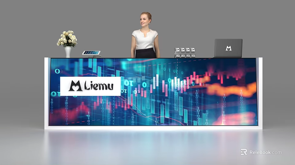Liemu Reception Desk With Financial Data Charts Flower Vase Calculator Laptop And Receptionist 3d model 