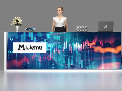 Liemu Reception Desk With Financial Data Charts Flower Vase Calculator Laptop And Receptionist 3d model