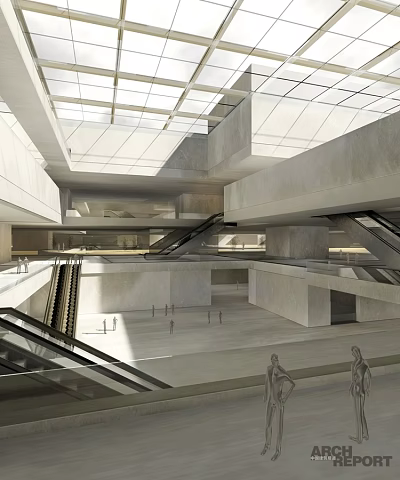 Modern School Building Atrium With Glass Skylight And Concrete Escalators 3d model