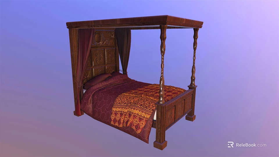 Ornate Wooden Four Poster Double Bed With Carved Headboard Red Gold Bedspread And Drapes 3d model 