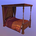 Ornate Wooden Four Poster Double Bed With Carved Headboard Red Gold Bedspread And Drapes