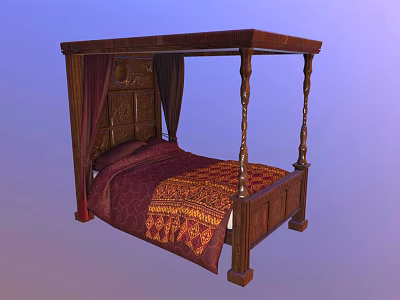 Ornate Wooden Four Poster Double Bed With Carved Headboard Red Gold Bedspread And Drapes 3d model