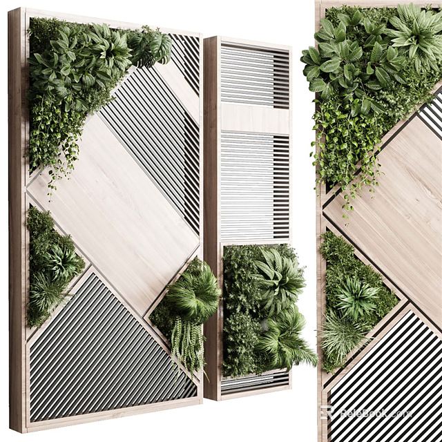 Living Plant Wall With Wooden Panels And Striped Patterns In Modern Interior Design 3d model 