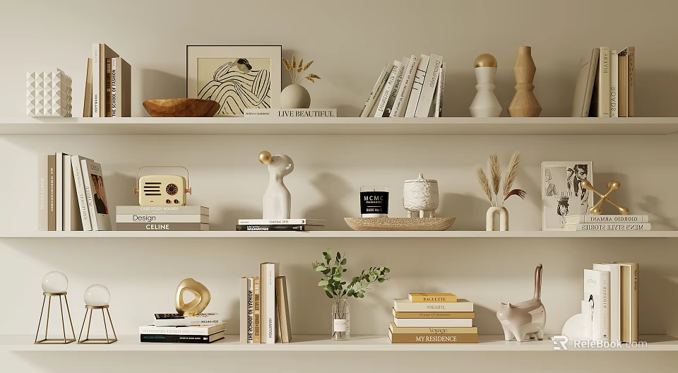 Elegant Decorative Ornament Set on Shelves with Books Sculptures Vases and Plants 3d model 