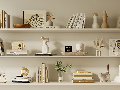 Elegant Decorative Ornament Set on Shelves with Books Sculptures Vases and Plants 3d model