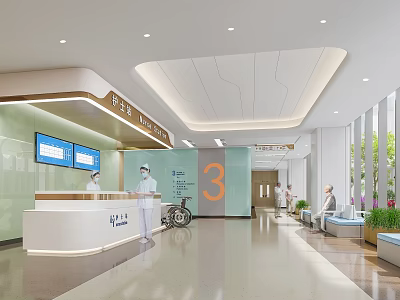 Bright Hospital Outpatient Clinic Reception With Medical Staff And Waiting Area 3d model