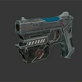 Futuristic 3D Rendered Metallic Pistol With Blue Accents And Glowing Elements