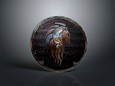 Vintage Defensive Shield With Horse Head Engraving Antique Wooden Metal Design 3d model