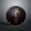 Vintage Defensive Shield With Horse Head Engraving Antique Wooden Metal Design