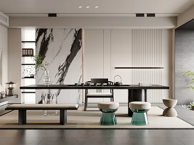Modern Tea Room Interior With Long Table And Stools 3d model