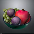 Green Bowl With Fresh Green Grapes Purple Plums And Red Pomegranate