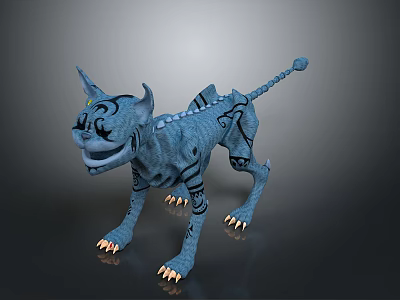 Blue Mythical Canine Creature With Black Patterns Horns Sharp Fangs And Claws 3D Fantasy Model 3d model