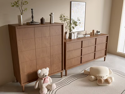Cozy Walnut Wood Console Cabinet And Sideboard With Stuffed Toys Potted Plants Wall Art 3d model