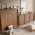Cozy Walnut Wood Console Cabinet And Sideboard With Stuffed Toys Potted Plants Wall Art