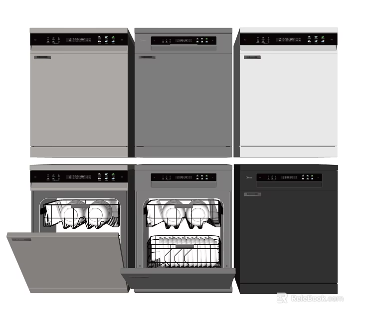 Modern Kitchen Appliances Dishwashers In Various Colors With Open Door And Interior Racks 3d model 