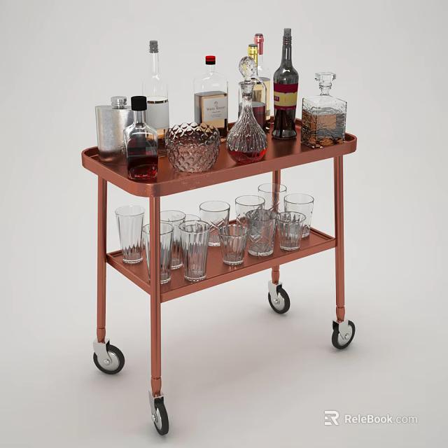 Copper Bar Cart With Various Bottles And Glasses On Wheels 3d model