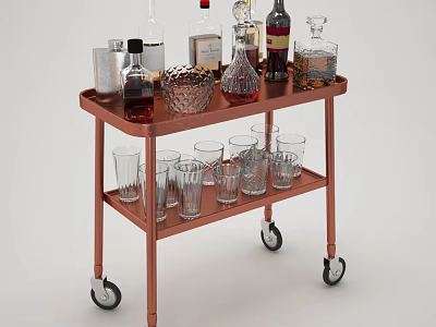 Copper Bar Cart With Various Bottles And Glasses On Wheels 3d model